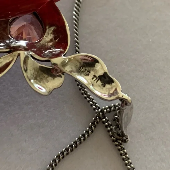 Vintage 925 Sterling Silver Antique Style Heart Pink Gem Marcasite Necklace 18” - Picture 7 of 7